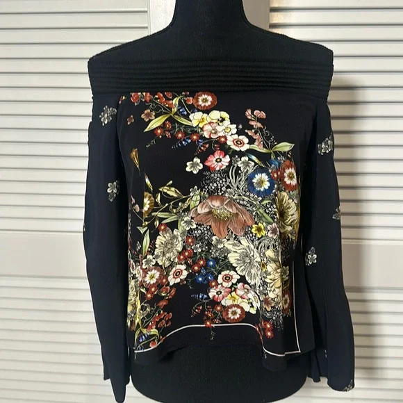 Zara Long Sleeve Flared Sleeve Floral Top – Black with Multi-Color Floral Design - Picture 1 of 8
